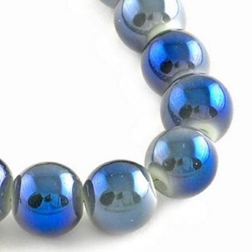Glistening glass round beads strands for jewelry making 8 mm hole 1.5 mm galvanized gray-blue ~ 84 pieces