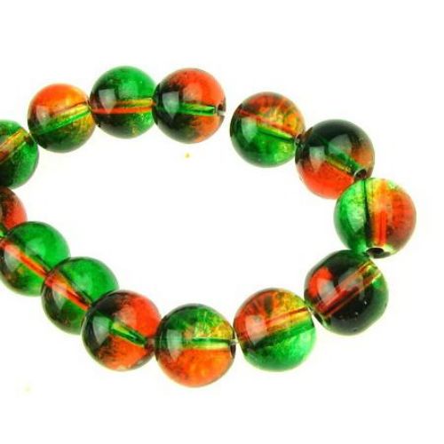 Glass Round Beads Strand, Two Tone Transparent Spray Painted, Green and Orange, 10 mm, 80 cm strand, 82 pieces