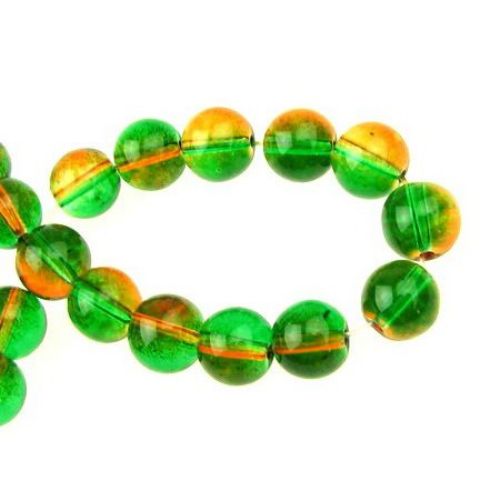 Glass Round Beads Strand, Two Tone Transparent Spray Painted, Green and Orange, 8 mm, 80 cm strand, 104 pieces