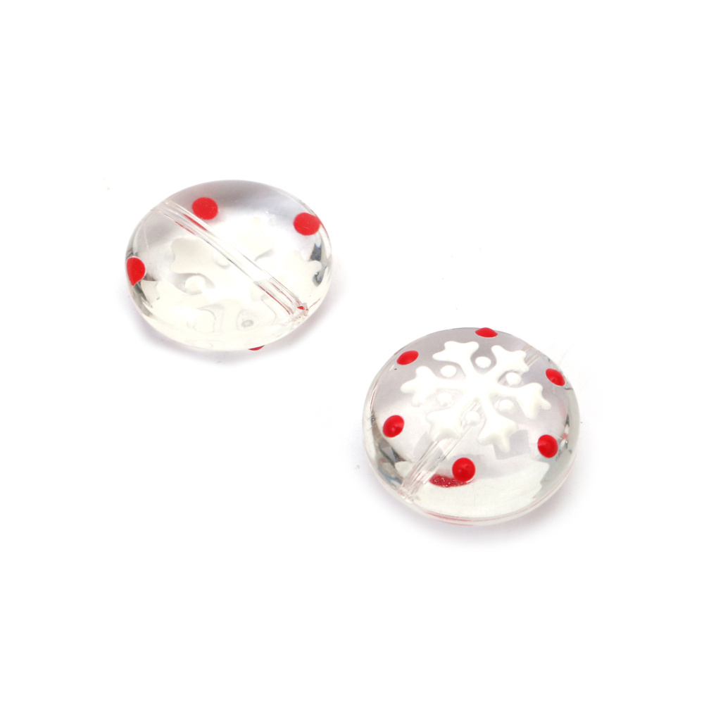 Mărgele de sticlă rotunde, pictate la Lampwork, 18x10 mm, gaură 1 mm, fulg de nea, lucrate manual - 2 bucăți