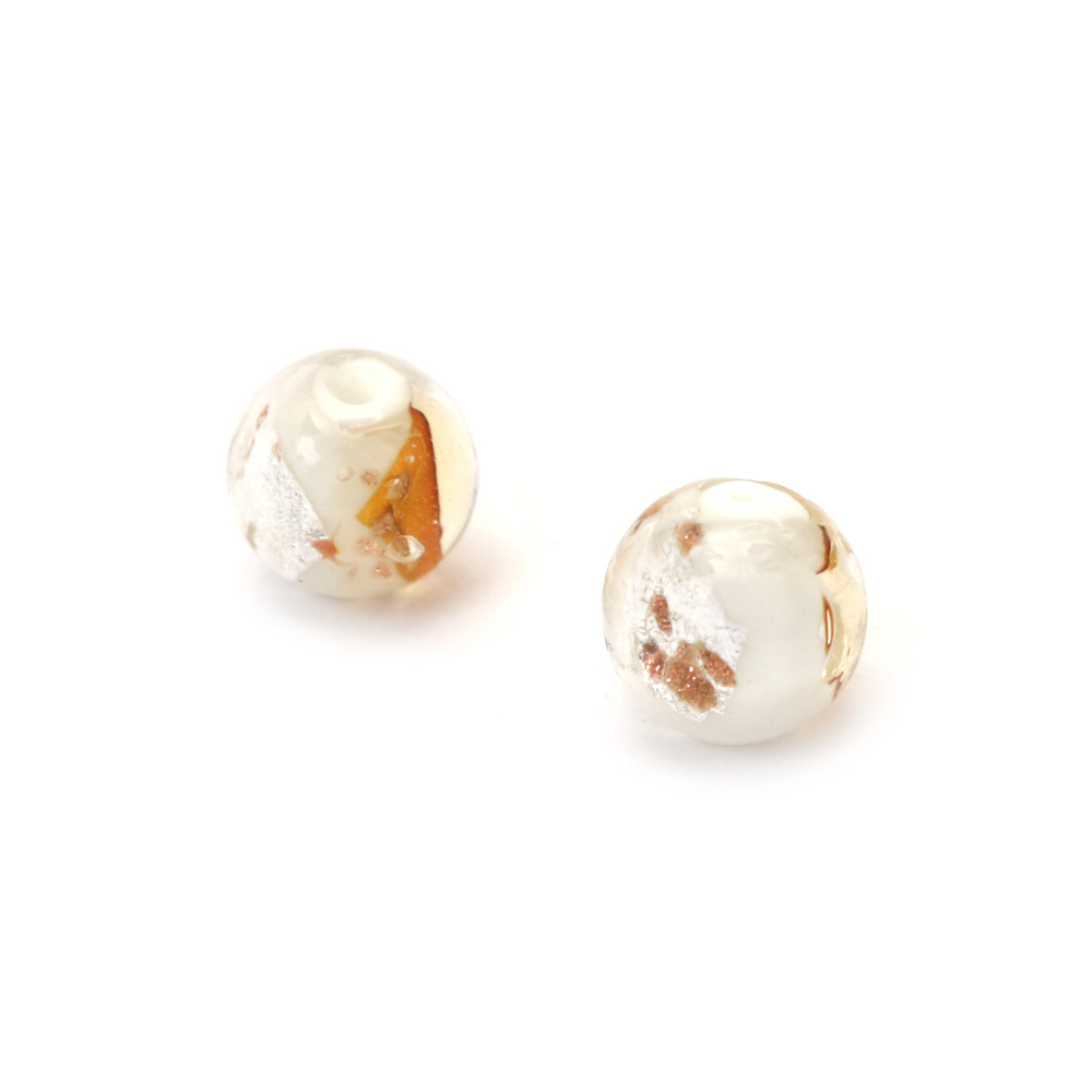 Mărgele de sticlă lampwork albe cu folie de argint și auriu, gaură de 10 mm, 2 mm, lucrate manual - 2 bucăți