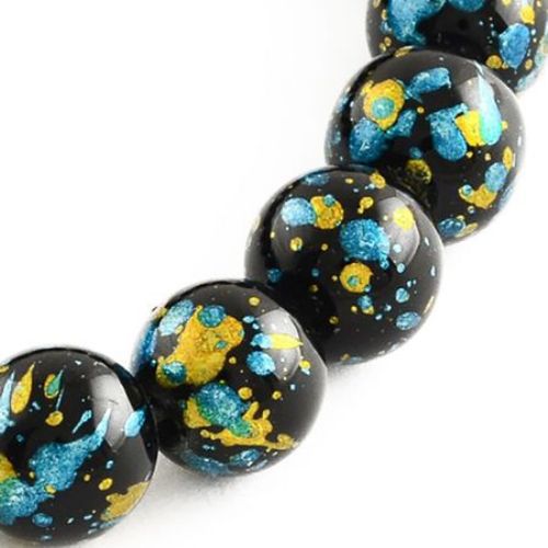 Glass Round Beads String for DIY Jewelry, Solid Black sprayed with Gold and Blue, 8mm, Hole: 1mm, 104 pieces