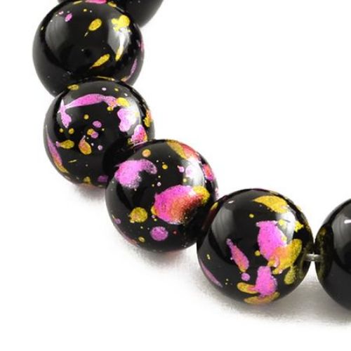 Glass Round Beads String for DIY Jewelry, Solid Black sprayed with Gold and Pink, 8mm, Hole: 1mm, 104 pieces
