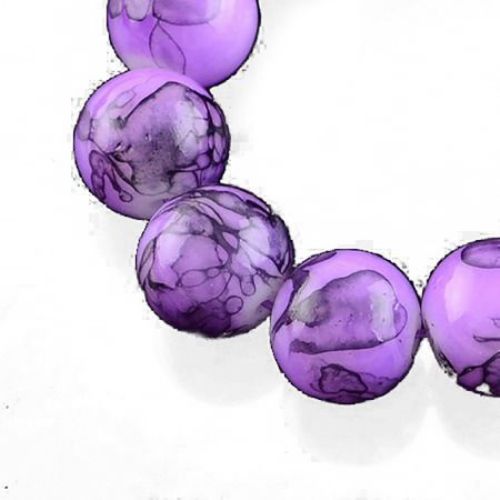 Наниз мъниста стъкло топче 8 мм дупка 1 мм рисувано лилаво ~80 см ~104 броя