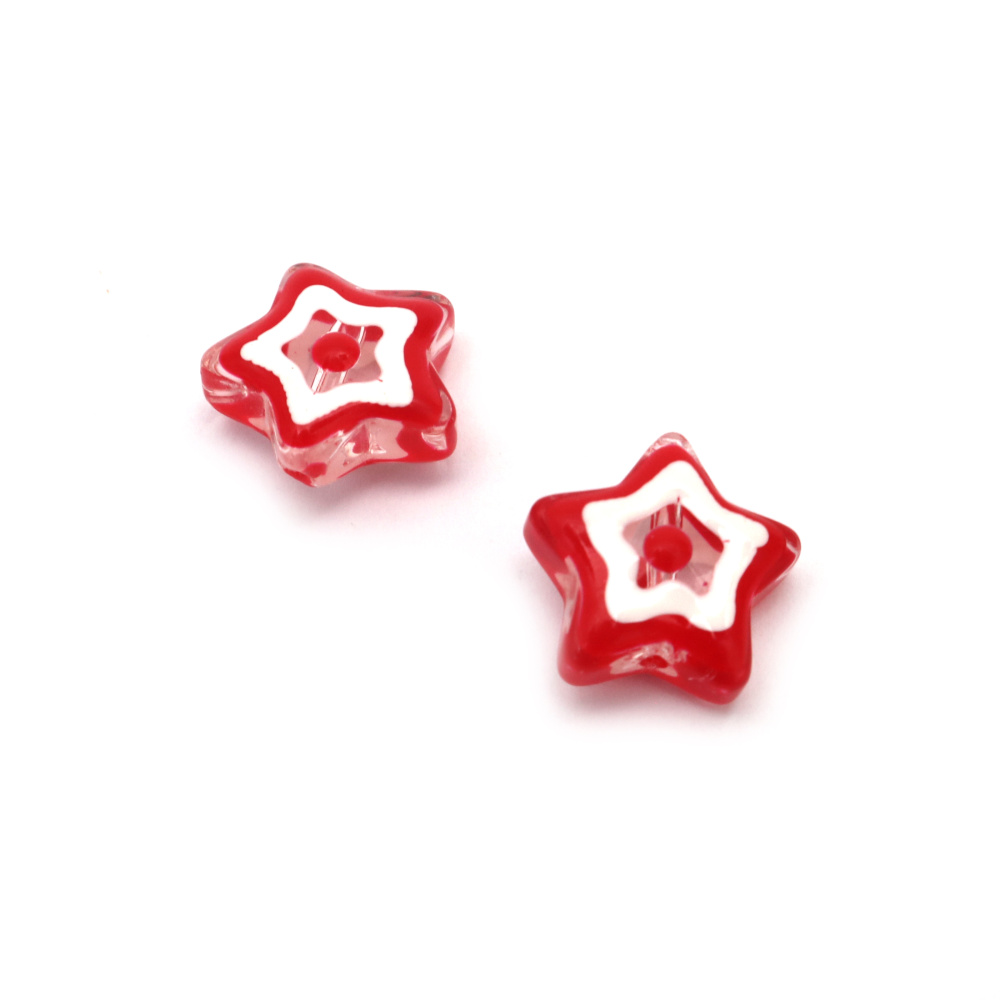 Mărgele de sticlă Stea lampwork pictată în alb și roșu 13x6 mm gaură 1.5 mm lucrate manual - 2 bucăți