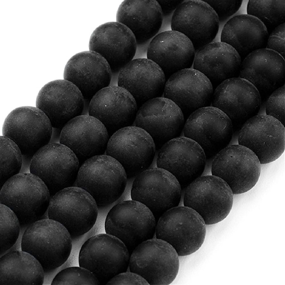 Glass beads strand glass beads with a synthetic rubber coating, round 8 mm hole 1 mm frosted black ~ 40 cm ~ 52 pieces