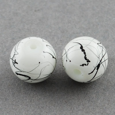 Painted glass round beads strands, round 12mm hole 1.3~1.6mm  white and black ~ 80cm ~ 66 pieces
