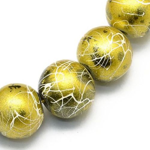 Наниз мъниста стъкло топче 8 мм дупка 1 мм рисувано със спрей цвят злато ~80 см ~106 броя
