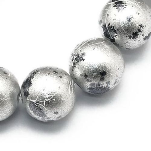 Наниз мъниста стъкло топче 8 мм дупка 1 мм рисувано със спрей сиво ~80 см ~106 броя