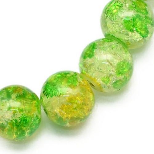 Glass Round Beads Strand, Transparent, Spray Painted with Green and Yellow, Crackled, 8-9 mm, Hole: 1 mm, 108 pieces