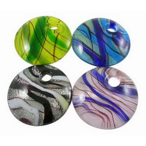 Round Murano Glass Pendant, Handmade, Various Colors, 50x50x10 mm, Hole: 9 mm