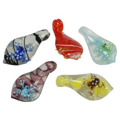 Handmade Murano Glass Pendant, Frog on a Leaf, Various Colors, 31 ~ 33x56 ~ 59x11 ~ 8mm, Hole: 5mm 
