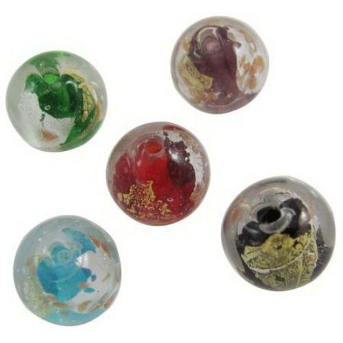 Round Murano Glass Beads, Transparent with Gold Sand and Silver Foil, Various Colors, Handmade, 18 mm, Hole: 2 mm, 4 pieces