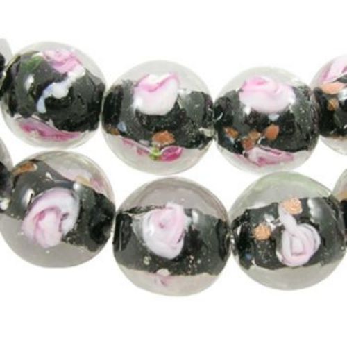 Murano Glass Beads Strand in the Shape of a Ball, Transparent, Black and Pink, 12 mm, Hole: 2 mm, 35 pieces