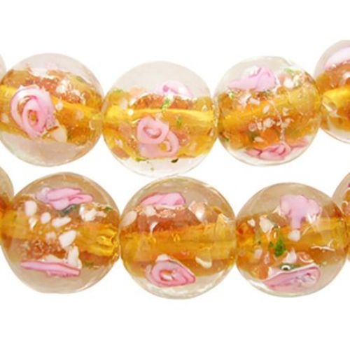 Handmade Murano Glass Beads Strand, Transparent, Gold and Pink, 12 mm, Hole: 2 mm, 35 pieces