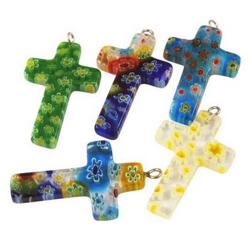 Milefiori Glass Pendant in the Shape of a Cross, Various Colors, 30x19 mm, Hole: 2 mm