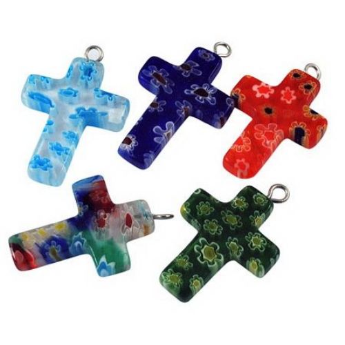 Milefiori Glass Pendant in the Shape of a Cross, Various Colors, 37x20x4 mm, Hole: 2 mm