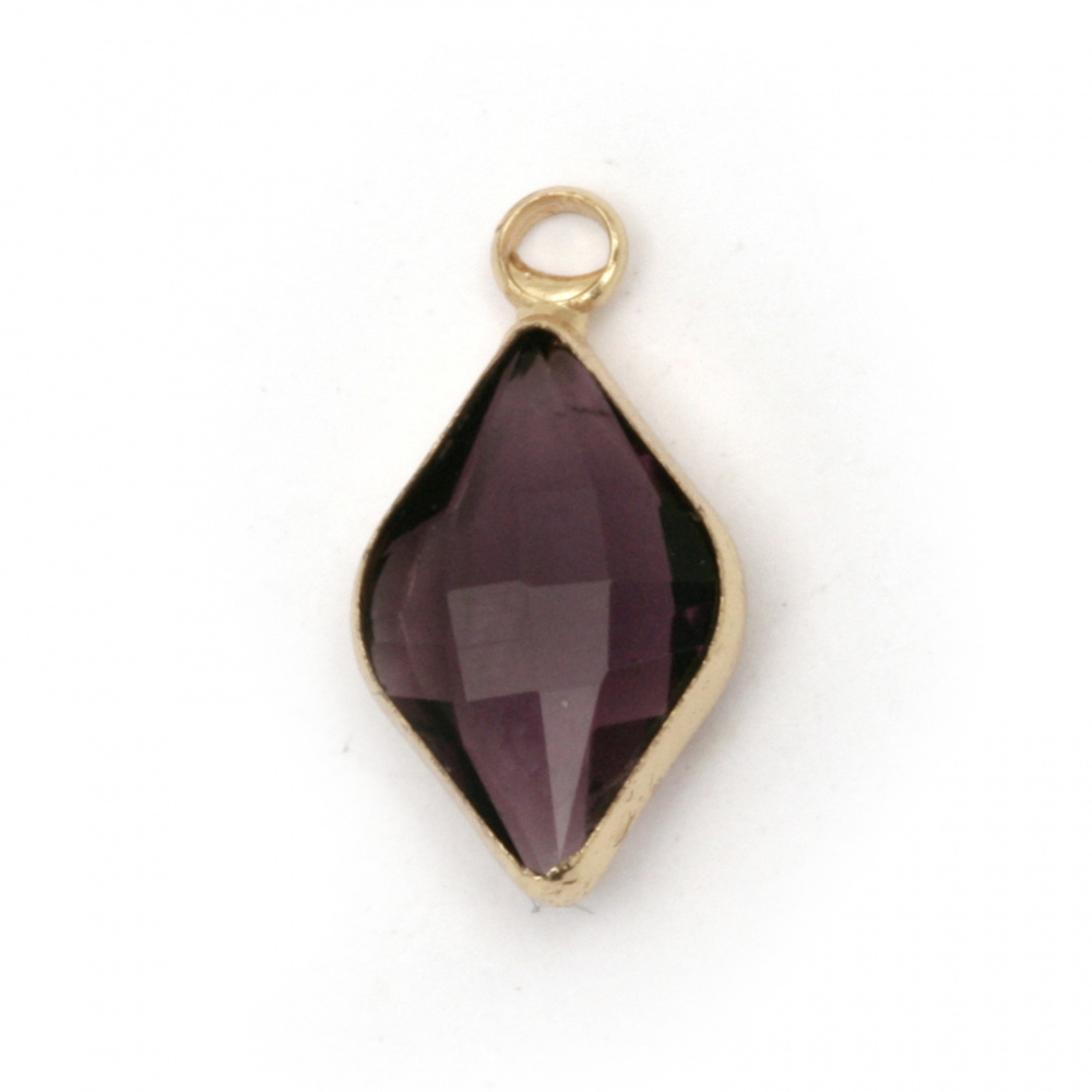 Glass pendant, Swarovski imitation, rhombus metal framed, faceted, purple, 18x10x5mm