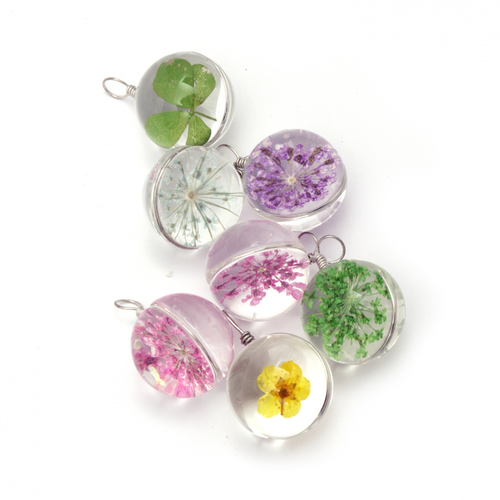 Real dried flower ball necklace pendant 28x20 mm mix