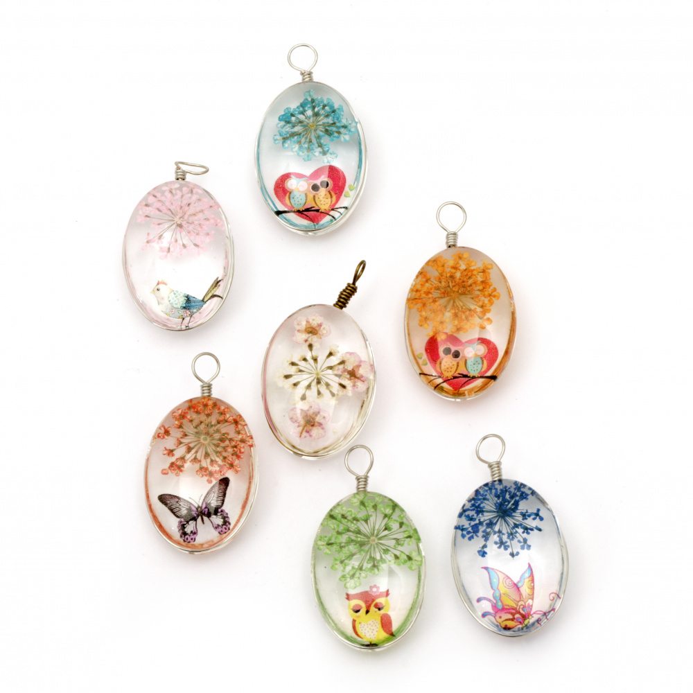 Glass oval pendant with  real dried flowers for DIY necklace jewelry making 39x22x11 mm mix