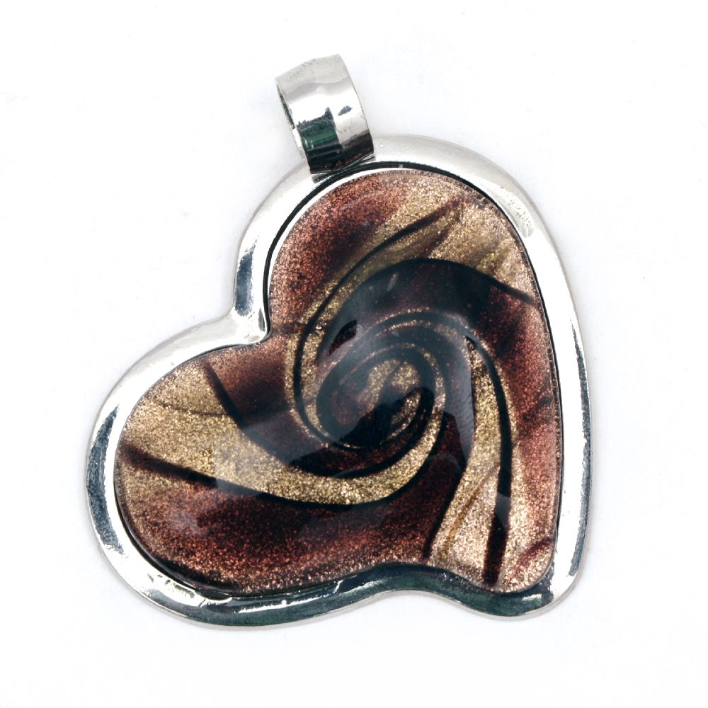 κρεμαστό γυαλί Murano καρδιά με μέταλλο 55x49x10 mm τρύπα 7 mm χρώμα καφέ