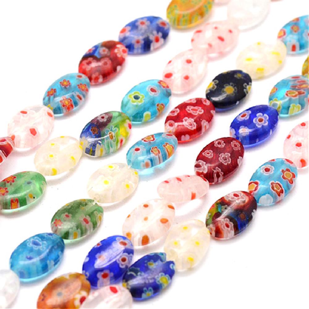 Millefiori glass beads  oval flat 12x8x3.5 ~ 4mm hole 1mm ~ 32 pieces