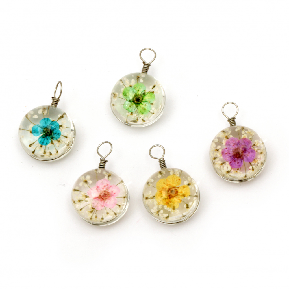 Glass pendant with built-in natural flowers 30x20x16 mm mix
