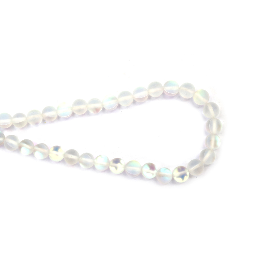 Strand of Glass Beads, 8 mm Round, 1 mm Hole, White Matte Rainbow Finish, ~44 Pieces