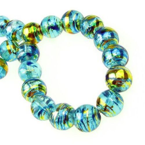Transparent glass beads strands, ball shaped with with a metal pattern 8 mm hole 2 mm painted turquoise/gold ~ 110 pieces