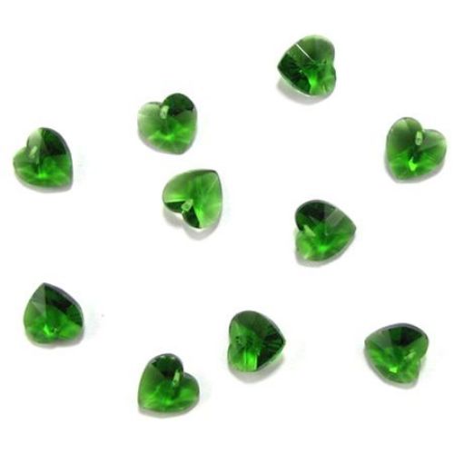 Faceted pendant crystal heart green 10x10x6 mm hole 1 mm