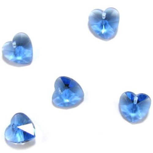 Colored pendant crystal heart shaped, blue 14x14x8 mm hole 1 mm