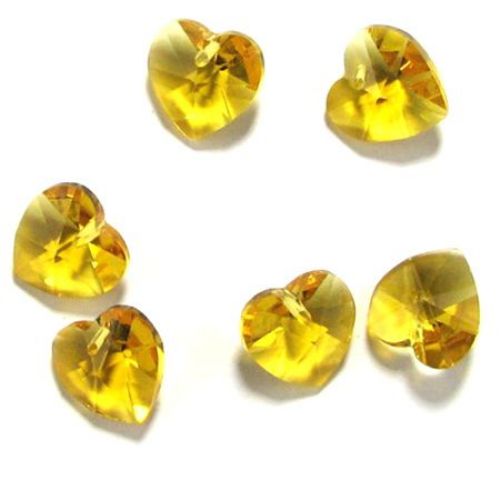 Transparent pendant crystal, heart form, yellow color 14x14x8 mm hole 1 mm