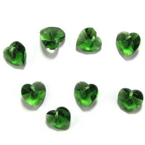 Faceted pendant crystal, heart shaped, painted green 14x14x8 mm hole 1 mm