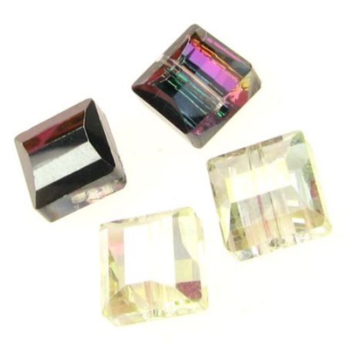 Galvanized Glass Bead, Square, Rainbow, Assorted, 9x9x7 mm, Hole: 1 mm, 4 pieces