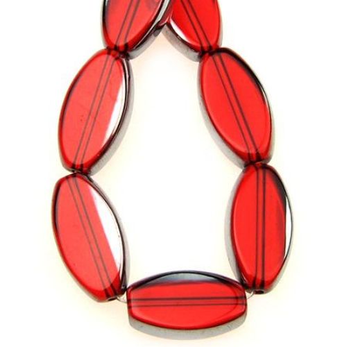 Glass Oval Beads String, Galvanized Red, 10x18x5 mm, Hole: 1.5 mm, 17 pieces