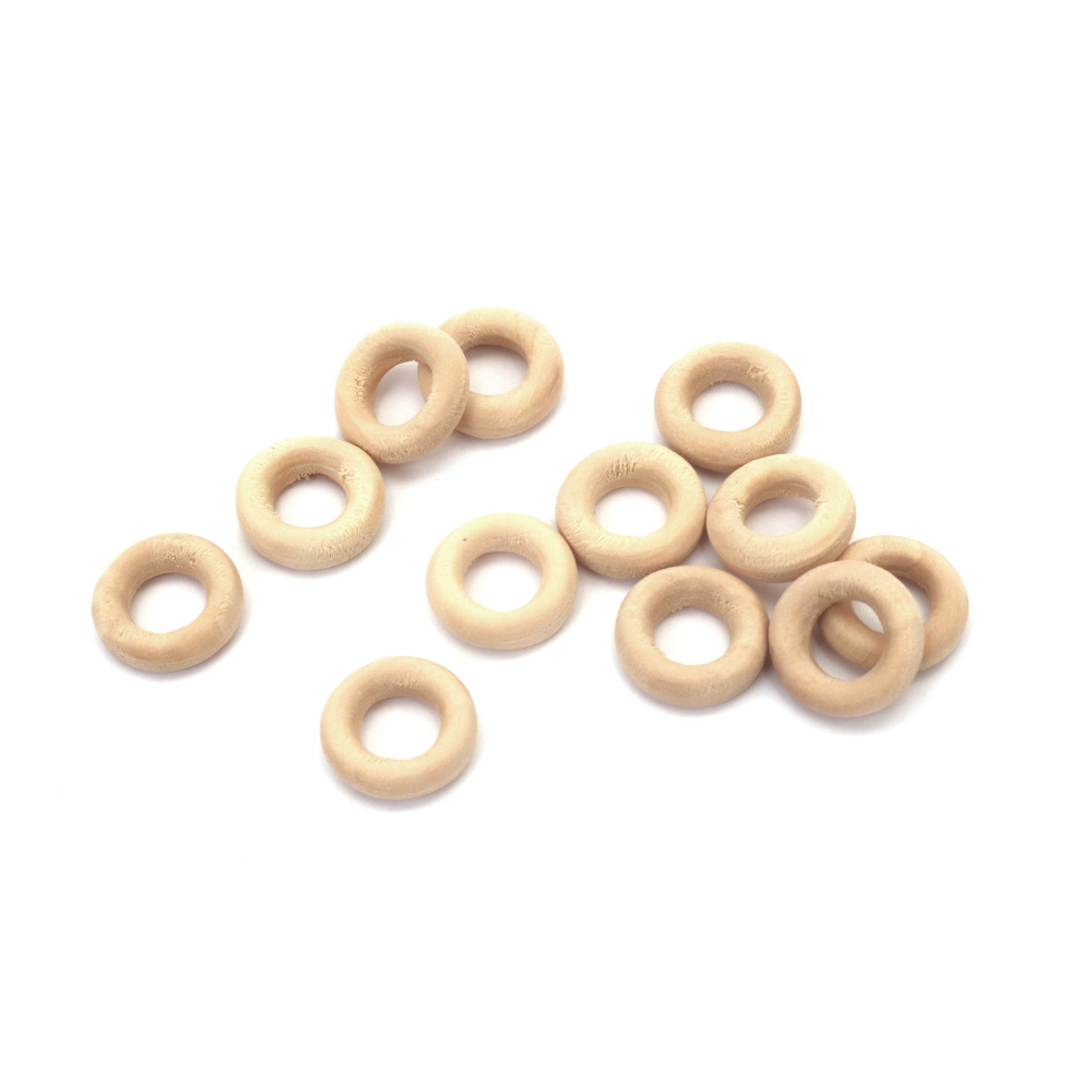 Abalorios de madera en forma de anillo, 13 x 4 mm, orificio 6 mm, color madera natural - 50 uds.