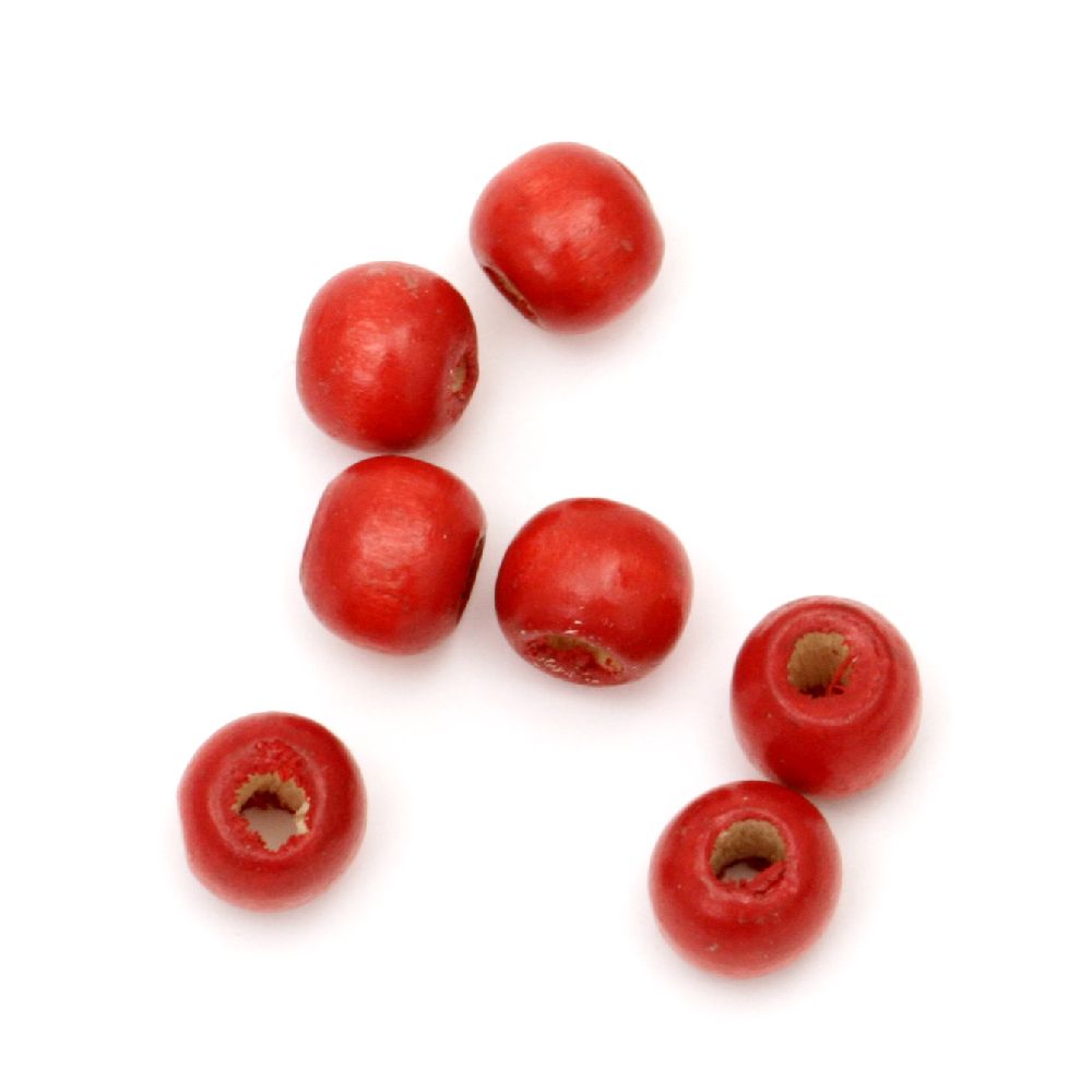 Wood beads, Round, Red, 9x11mm,  50 grams