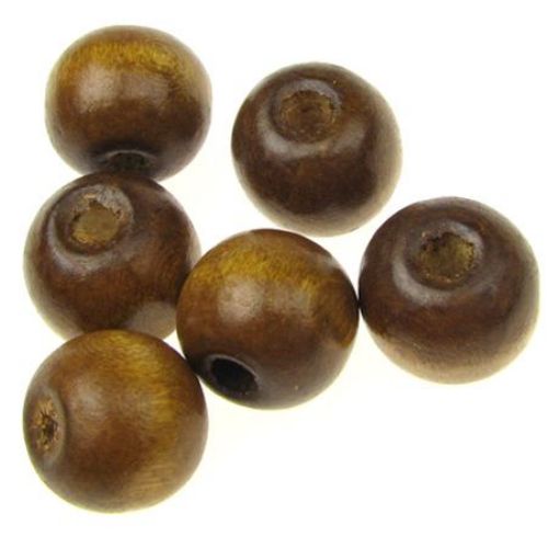 Wooden round bead for decoration 11x12 mm hole 3 mm brown with varnish - 50 grams ~ 90 pieces