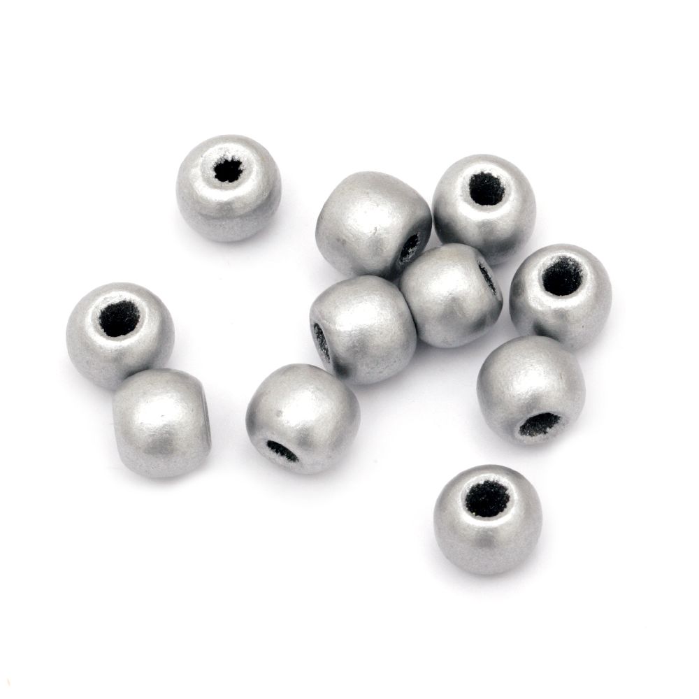 Wood beads, Round, silver painted, 9x11mm, hole 4mm, 50grams