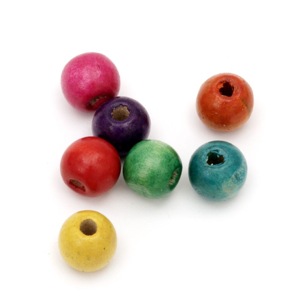 Wooden round bead for decoration 11x12 mm hole 4 mm mixed colors - 50 grams ~ 95 pieces