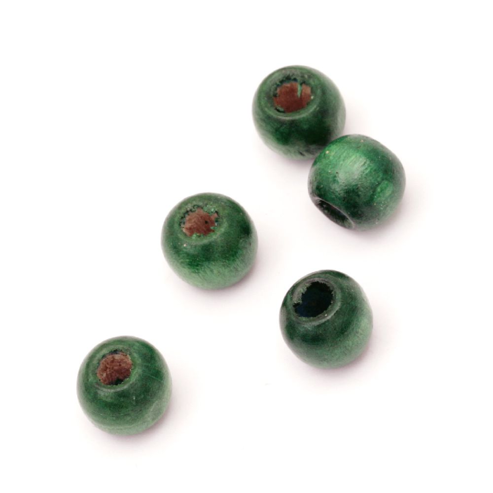 Wood beads, Round, dark green, 9x11mm, hole 4mm, 50grams