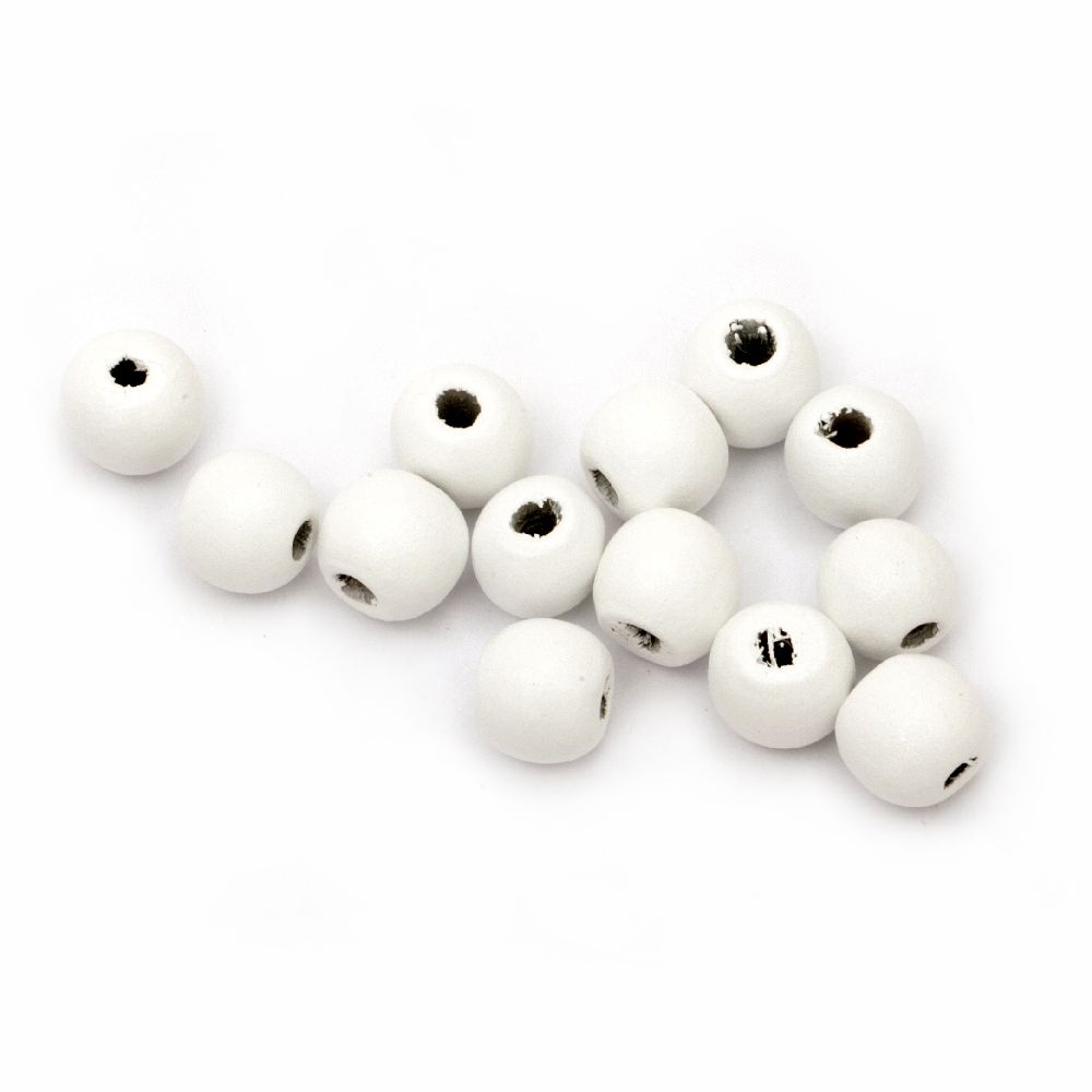 Wooden bead, ball, 11x12 mm, hole 3 mm, white paint - 50 grams ~ 85 pieces