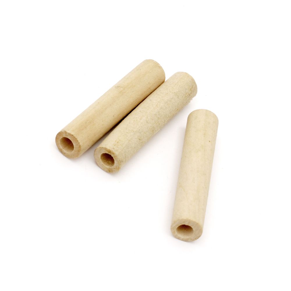 Wooden bead, cylinder 45x10 mm, hole 3 mm, wood color - 5 pieces