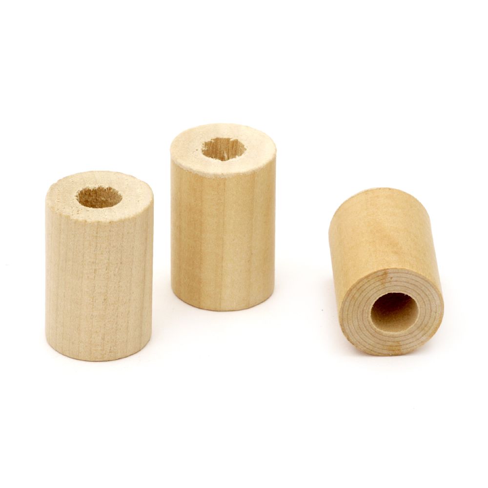 Wooden bead, cylinder, 30x20 mm, hole 5.5 mm, wood color - 4 pieces