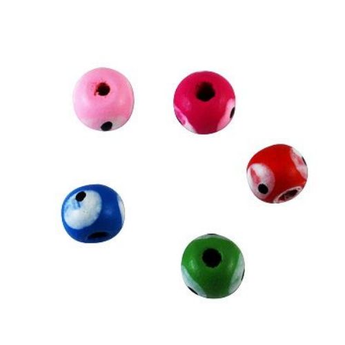 Wooden round bead with eye, mixed color, 10x9 mm, hole 3mm, 20 grams