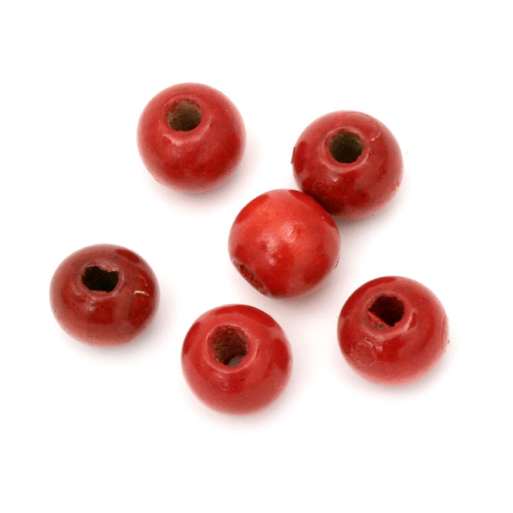 Wooden round bead for decoration 11x12 mm hole 4 mm red - 50 grams ~ 95 pieces