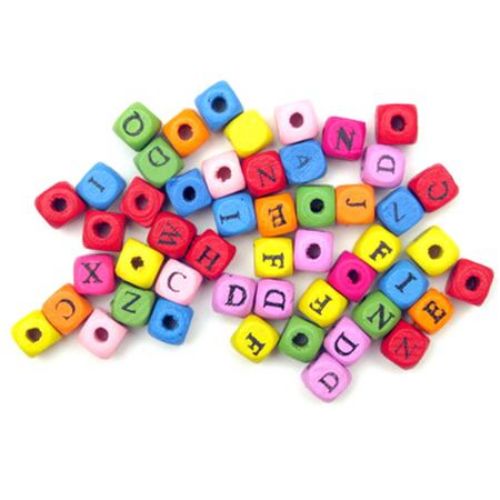 Κύβος με γράμματα, χάντρα, ξύλο 10x10 mm μίξη χρωμάτων -20 γραμμάρια ~ 40 τεμάχια