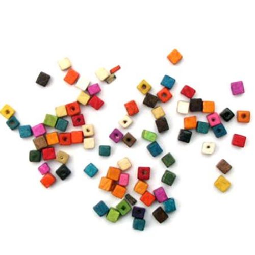 Wood Beads, Cube, Mixed Colors, 5mm, 20 grams