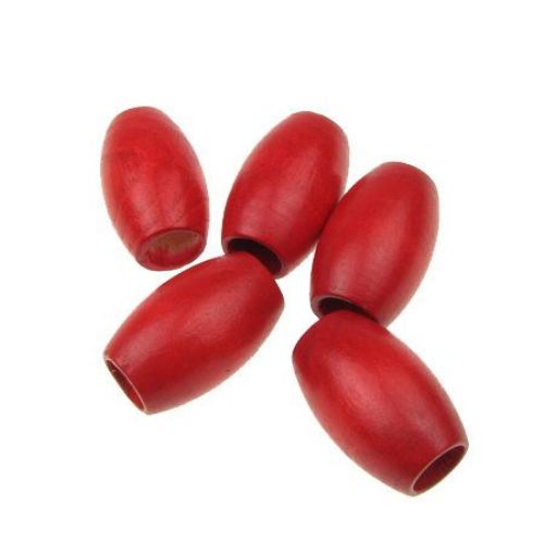 Wooden cylinder bead for decoration 30x20 mm hole 10 mm red -10 pieces 