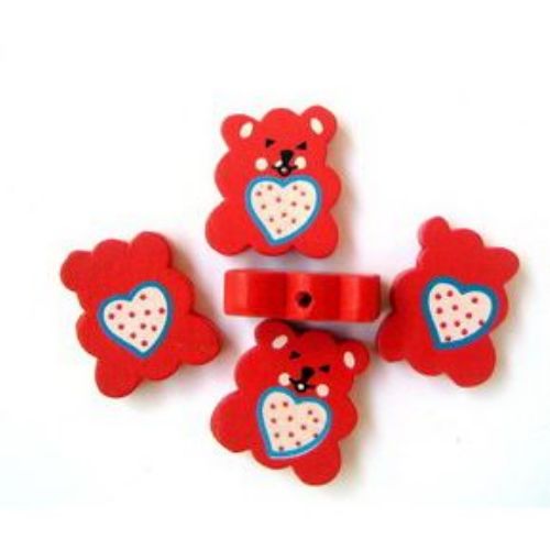 Painted wooden bead bear19x23x6 mm painted double-sided red -20 grams 17 pieces